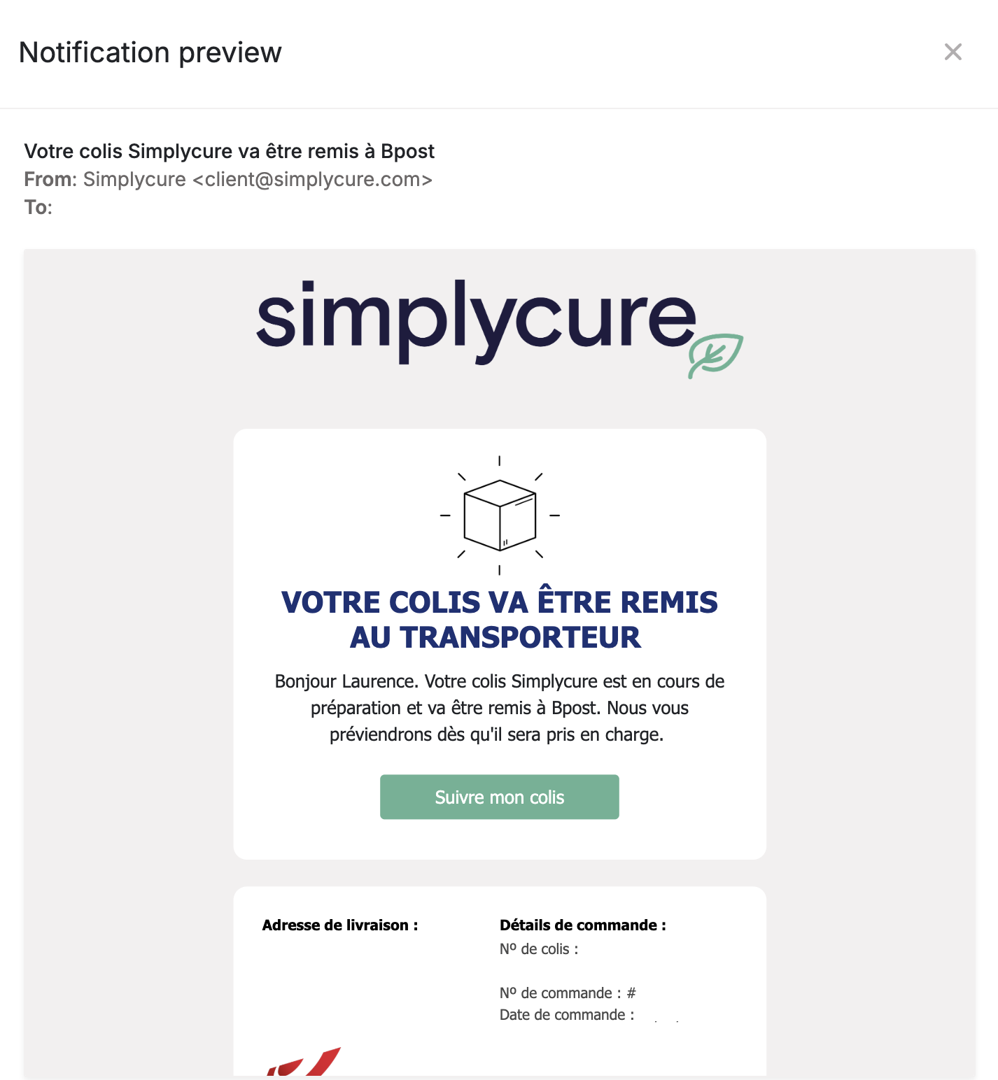 Email : votre colis va être remis au transporteur