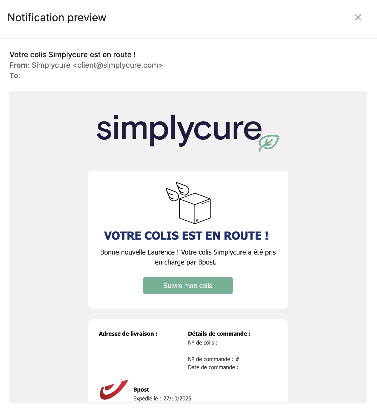 Email : votre colis est en route avec lien de suivi