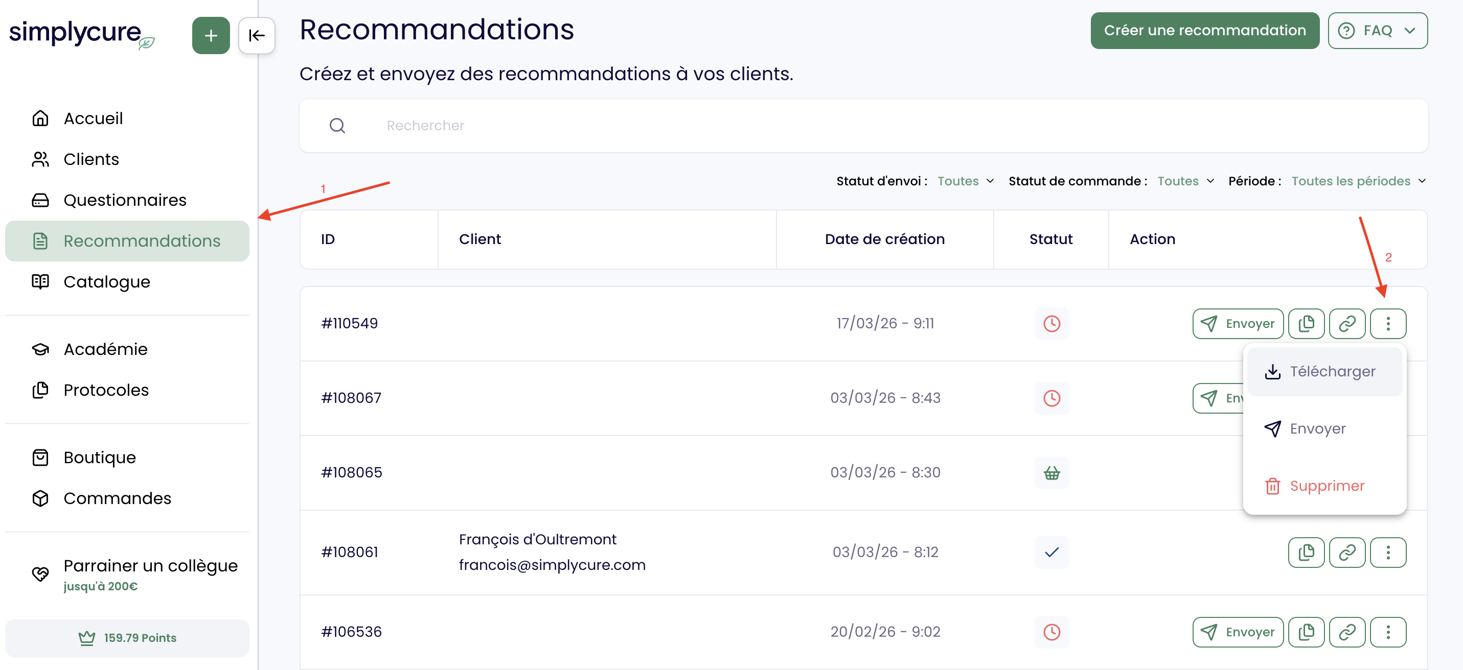 Menu trois points d'une recommandation
