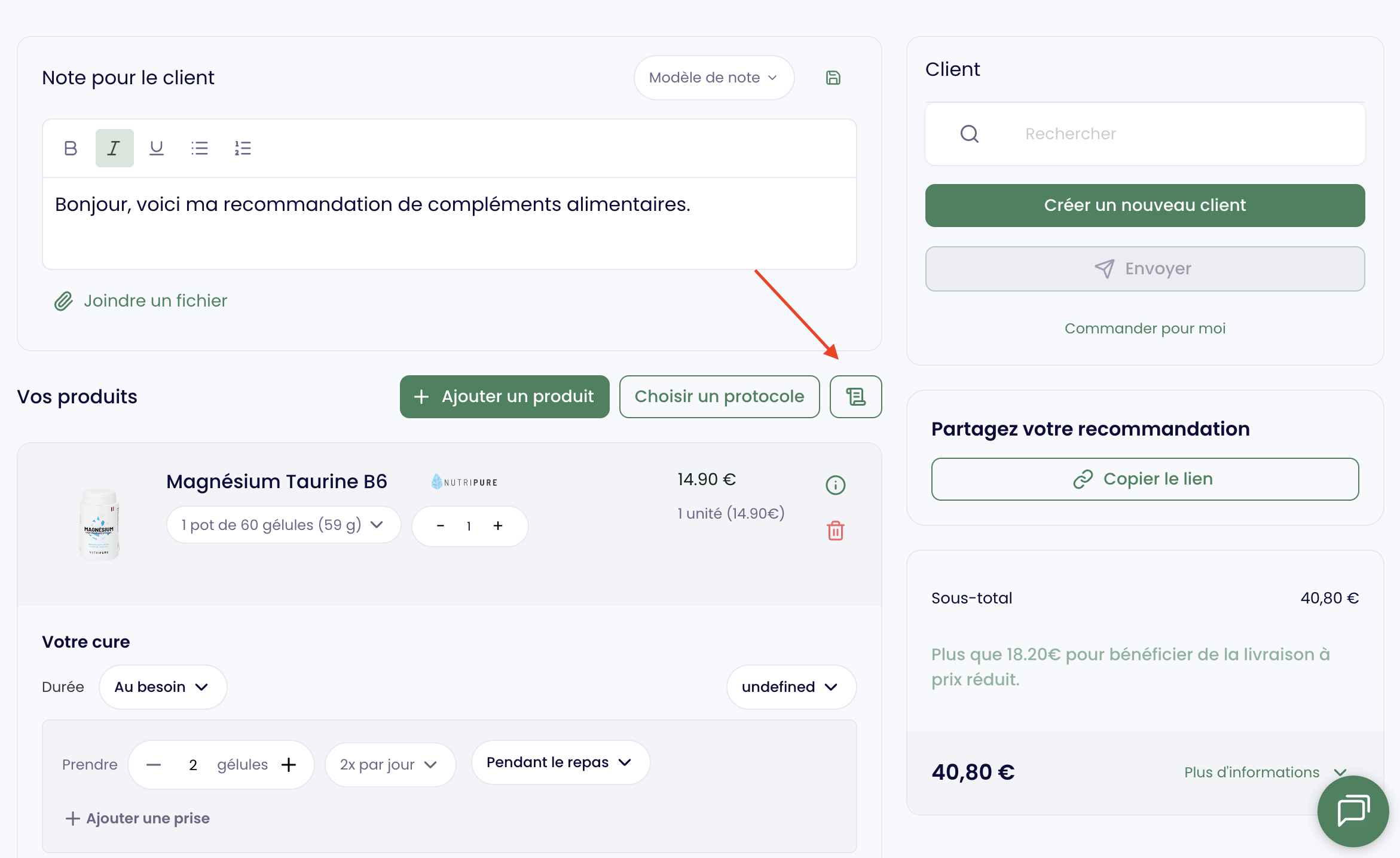 Icône d'impression sur une recommandation