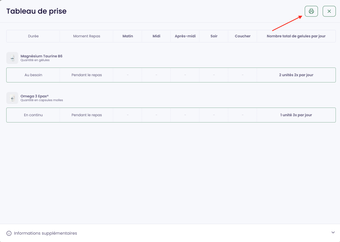Tableau de prise généré pour le patient