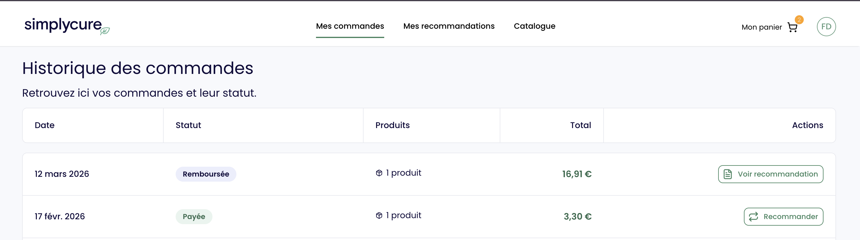 Historique de commandes dans l'espace patient