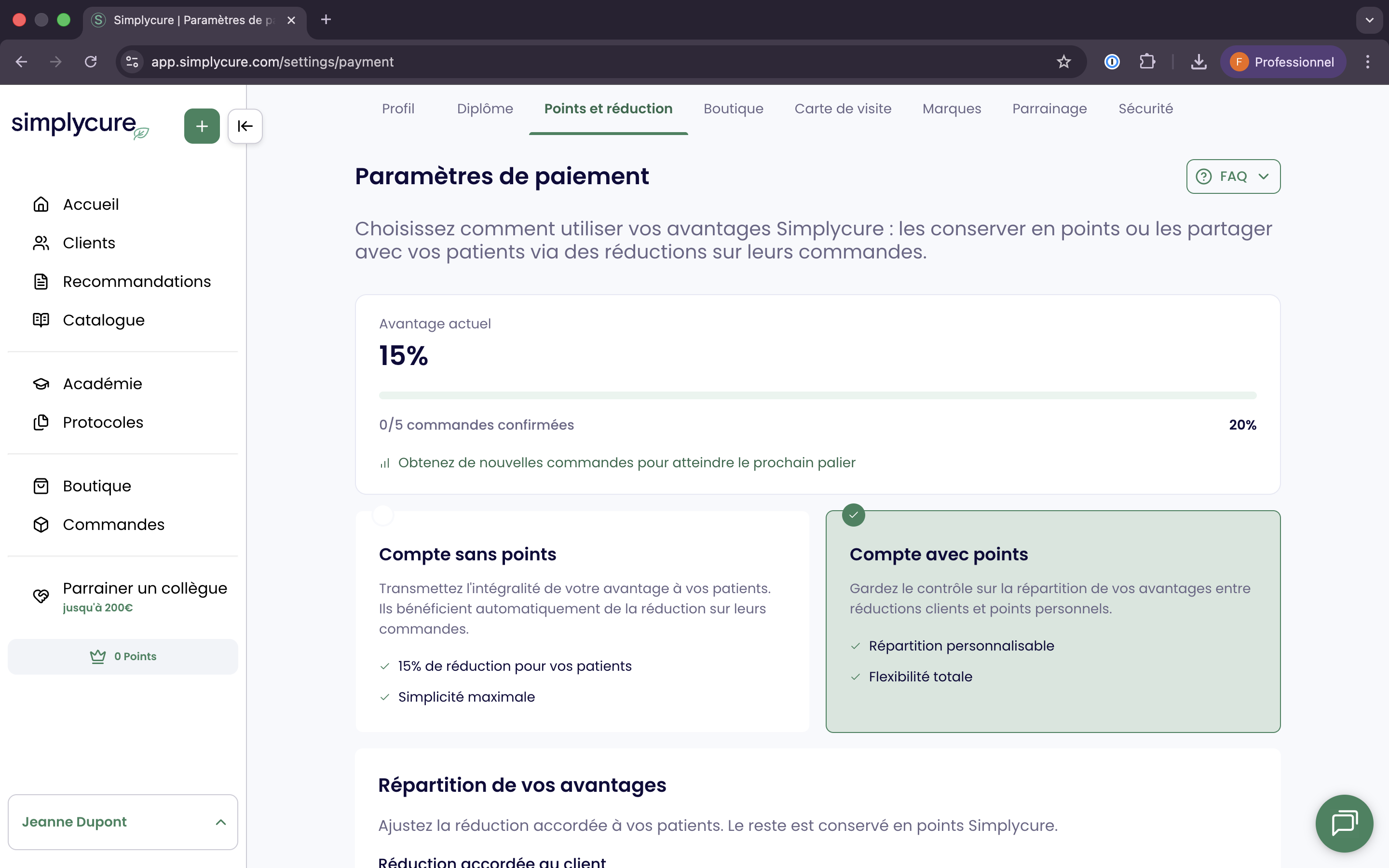 Paramètres points et réduction praticien