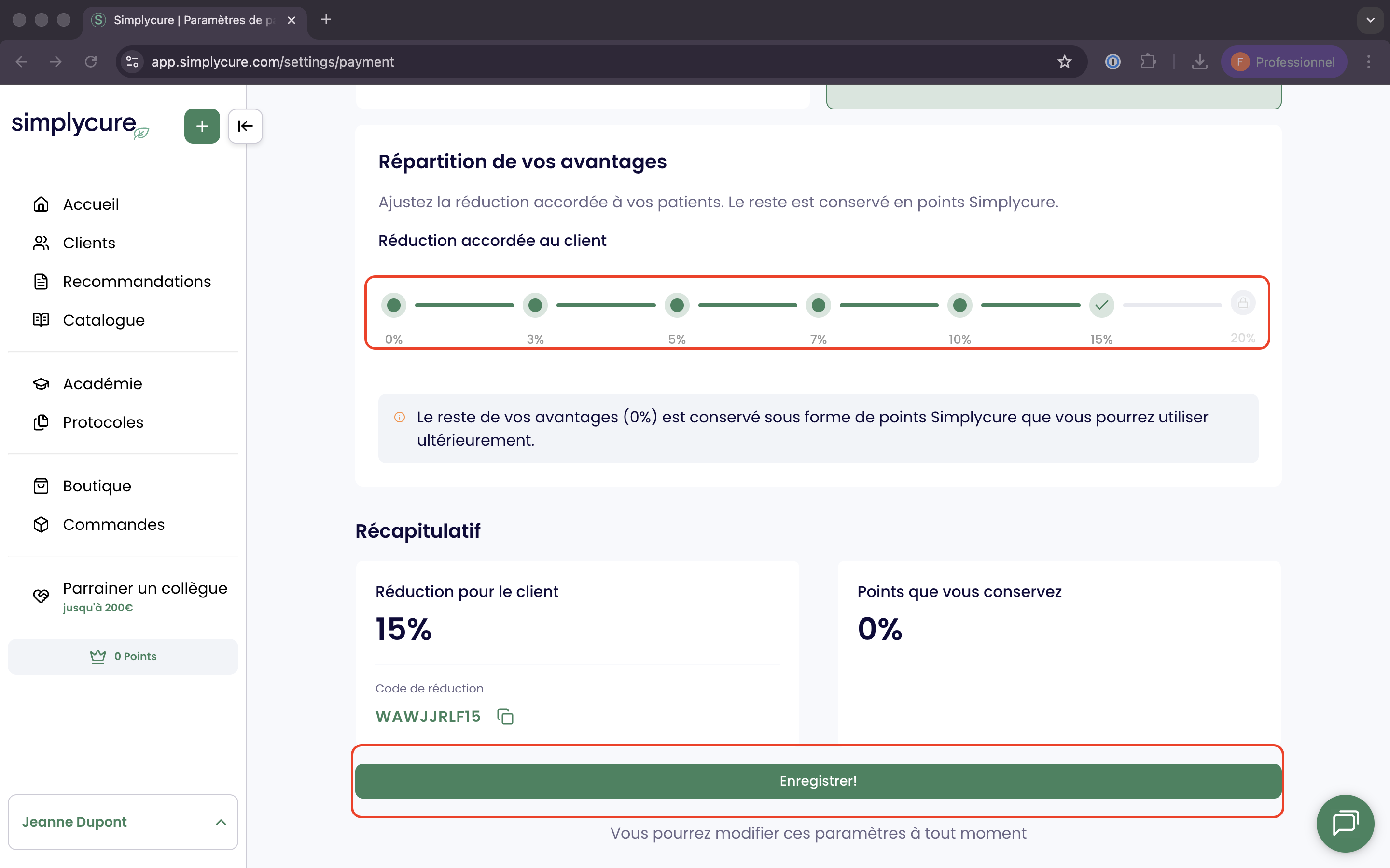 Taux de réduction accordé aux patients
