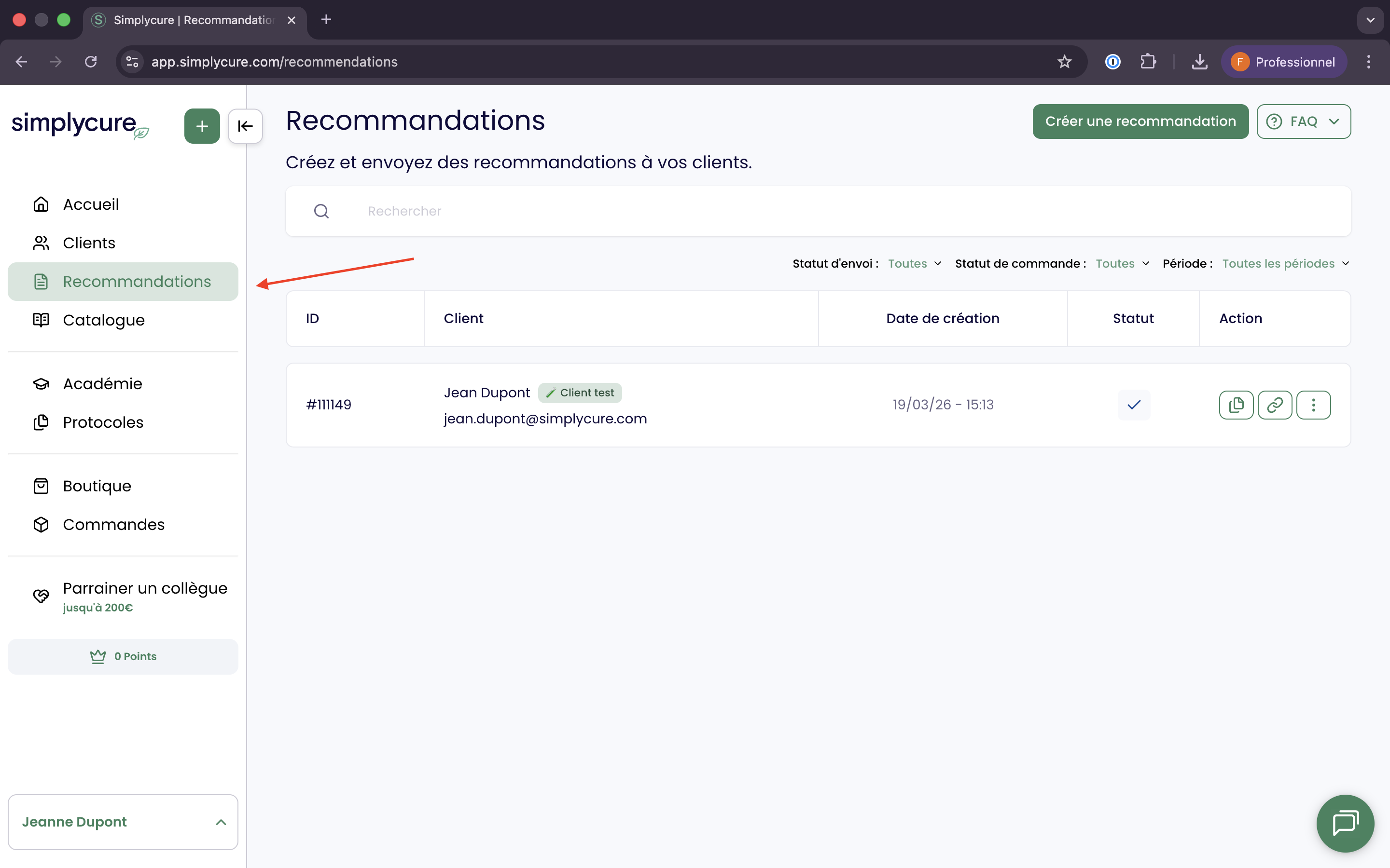 Tableau de bord des recommandations envoyées