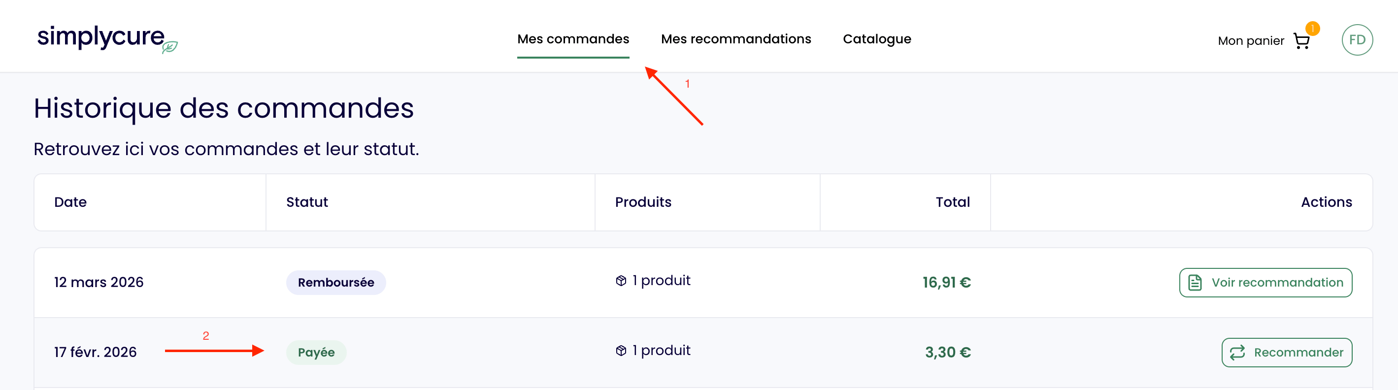 Espace patient — section Mes commandes avec statut et numéro de suivi