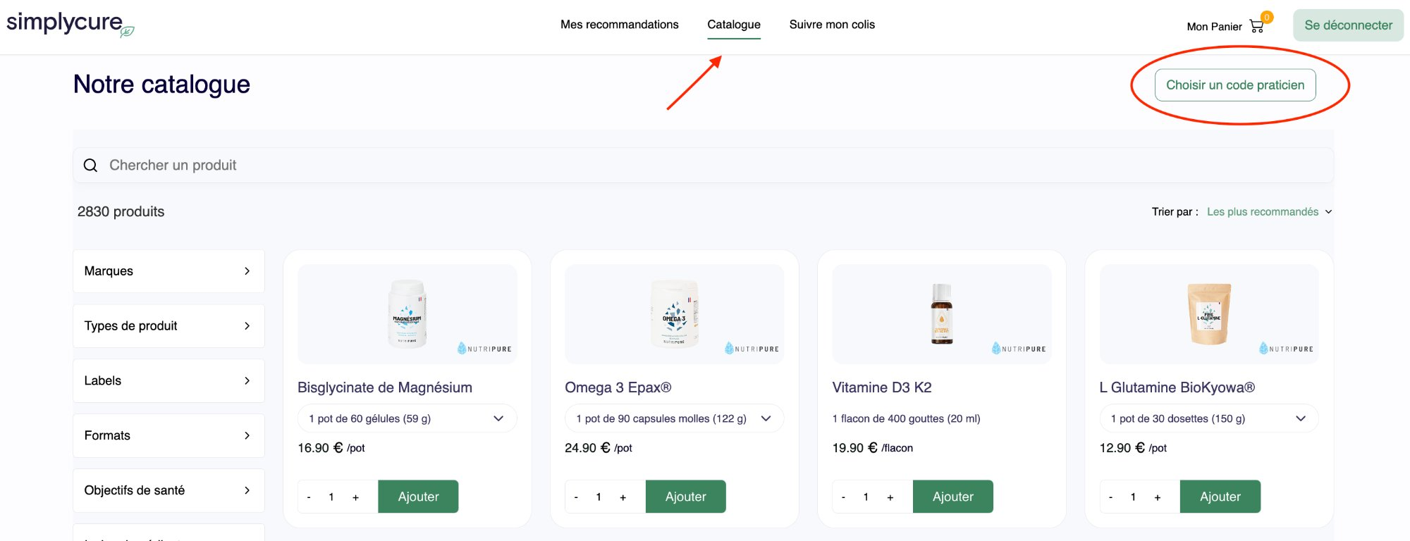 Le code praticien dans le panier de paiement