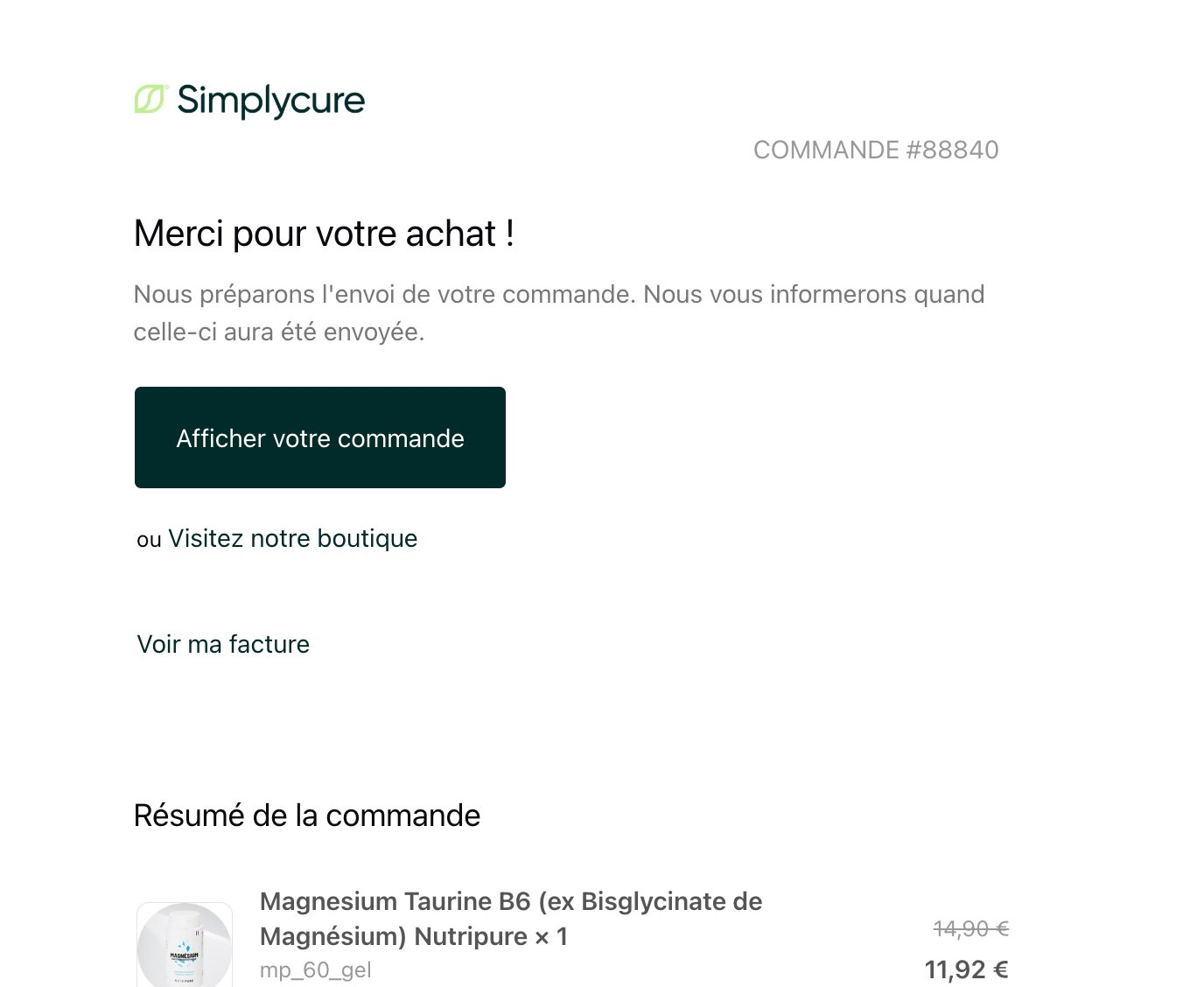 Email de confirmation de commande Simplycure avec lien Voir ma facture